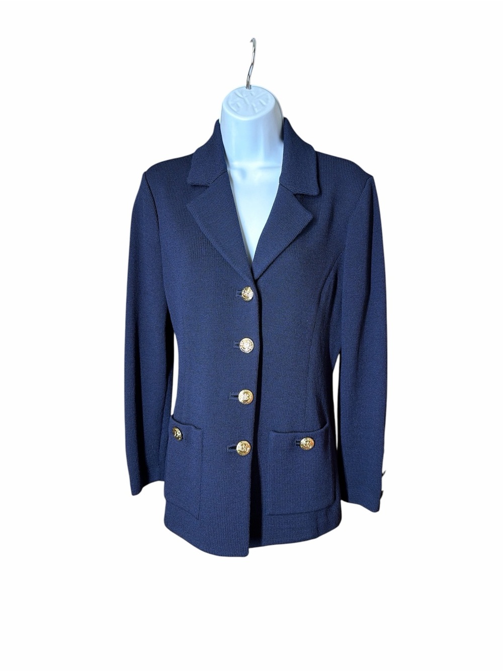 St. John Navy Knit Gold Button Blazer Jacket Santana Style - Size 2